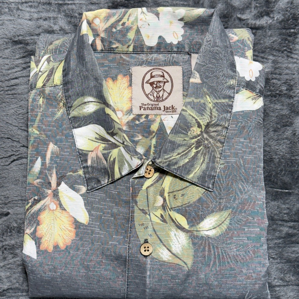 Panama‎ Jack Button Down Shirt Mens XL Grey Green Floral Palm Tropical